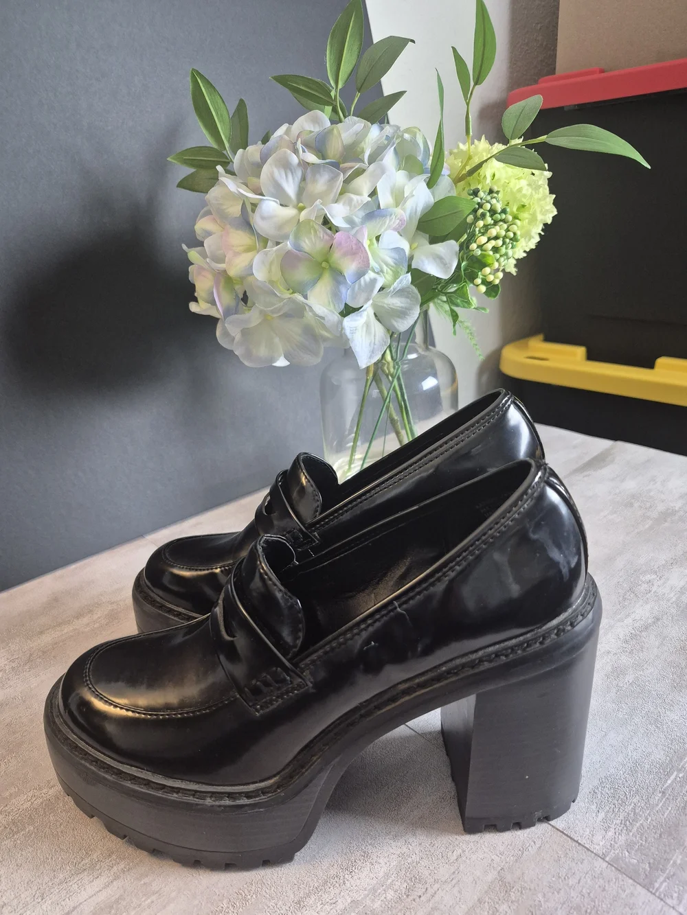 Black Platform Chunky Heel Loafers for Women Madden GIRL GLOSSY FINISH SIZE 6.5
